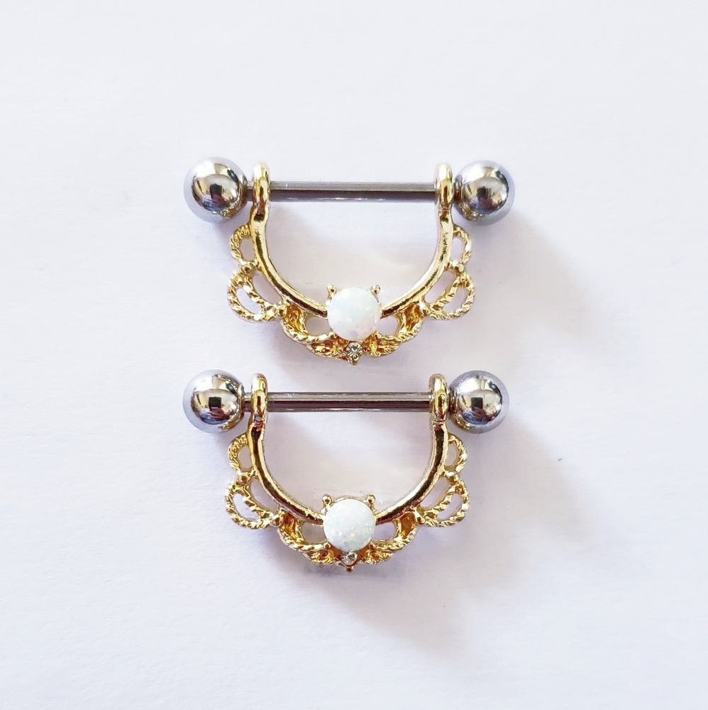 Gold opal nipple ring nipple  piercing